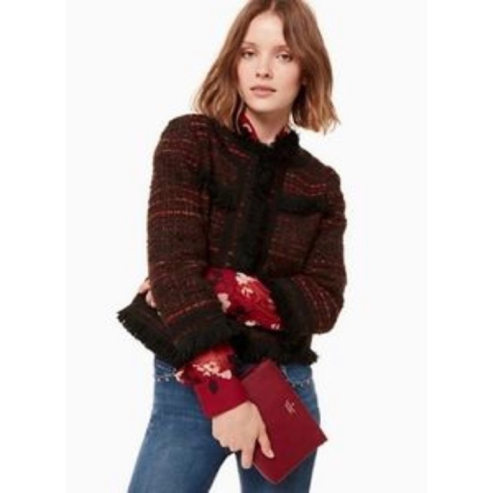 KATE SPADE Tweed Fringe-Trimmed Metallic Sparkle Jacket, 10